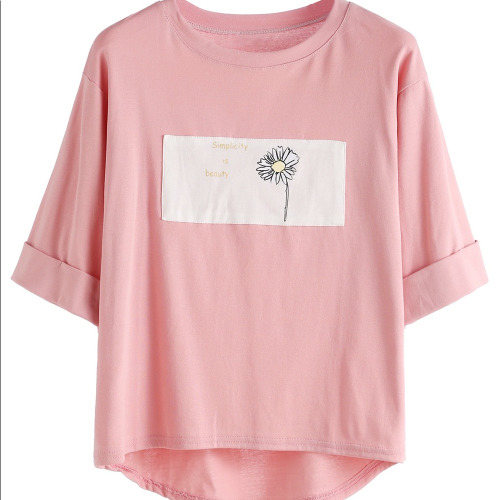 pink short sleeve shirt embroidery flower & words